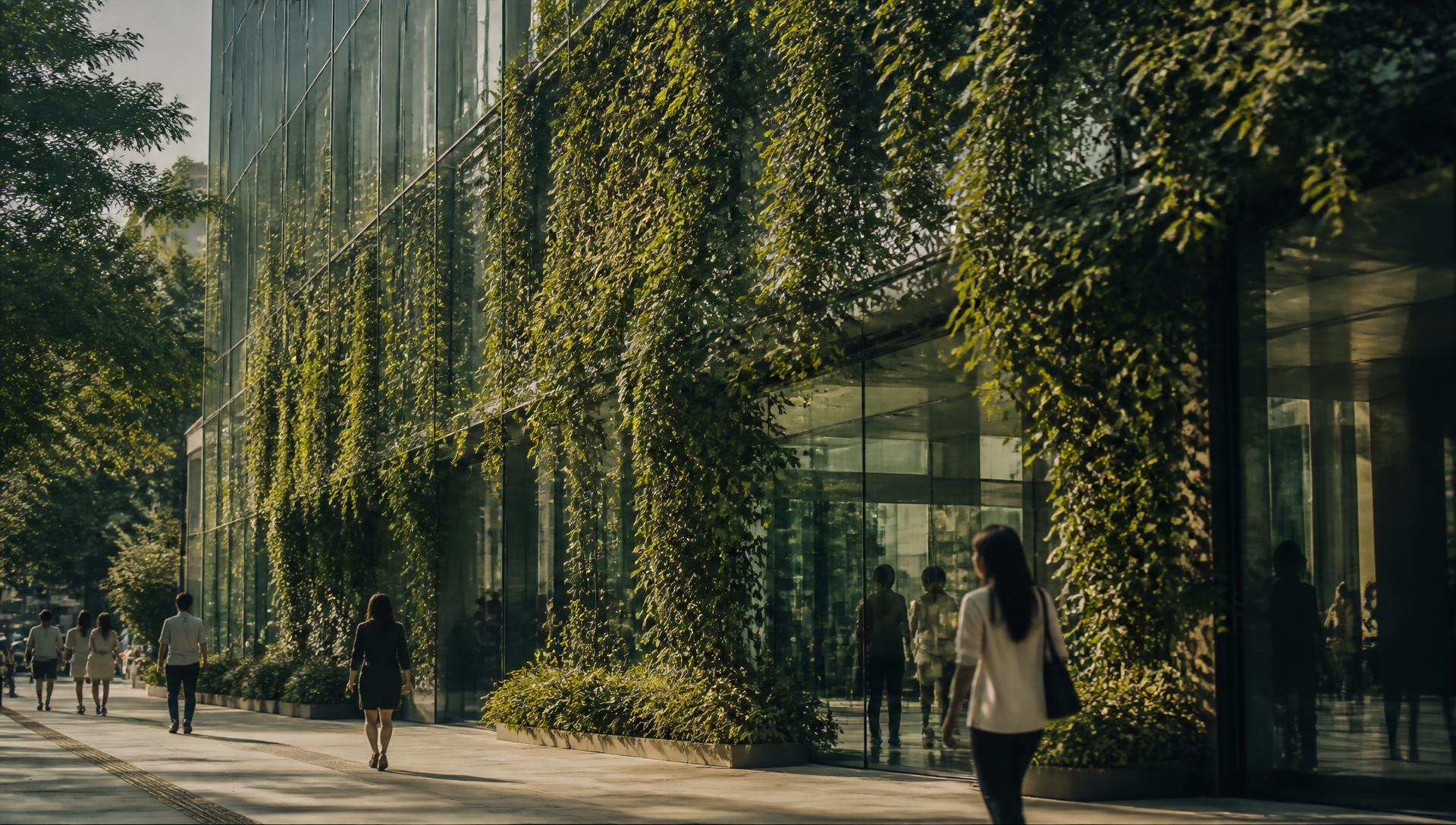 Green plants climbing a modern glass city facade